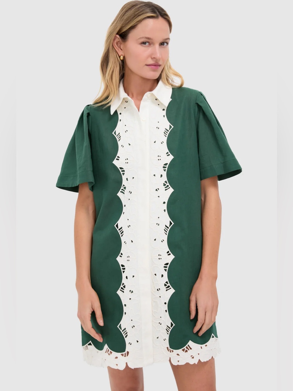 Tuckernuck Dark Green Eyelet Trim Cotton Linen Delilah Dress